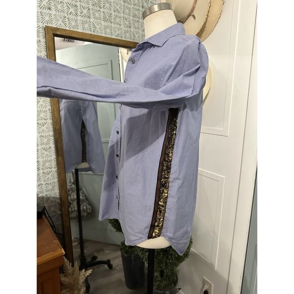 J. CREW Sequin Side Stripe Shirt Long Sleeve Button Down Blue Size 4 - Picture 9 of 12
